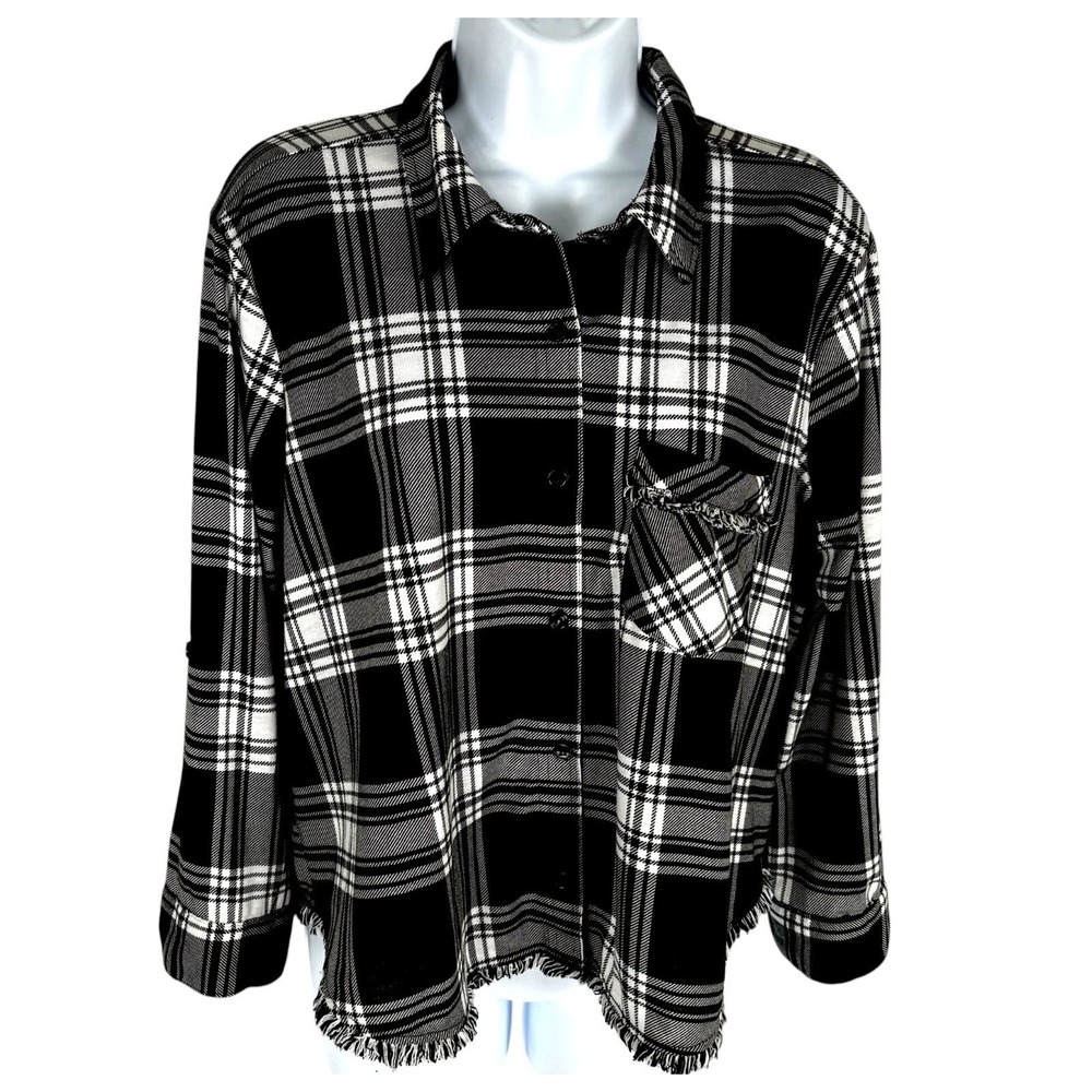 Classic Black White Plaid Shirt Sz L Fringe Hem Brushed Knit Soft Relaxed